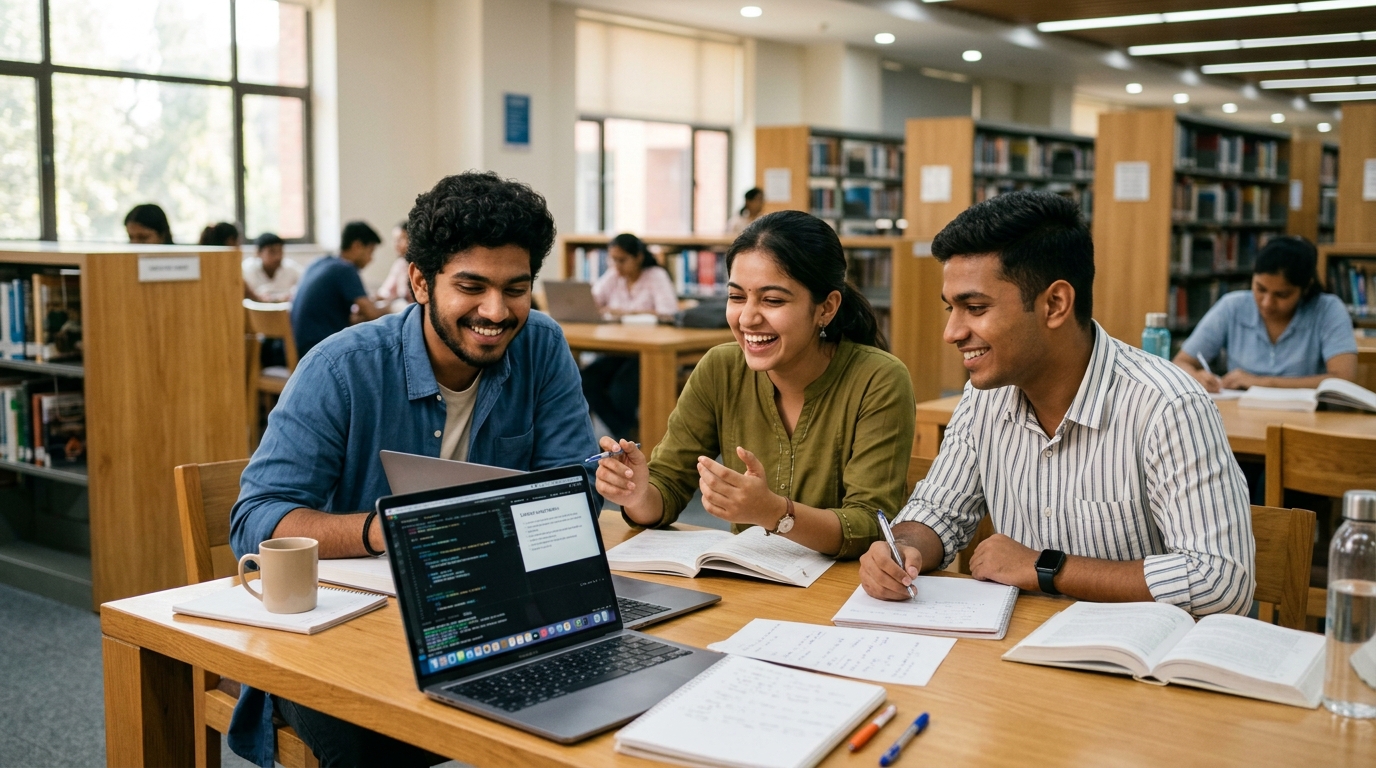 Indian college students learning and coding together collaboratively on a laptop